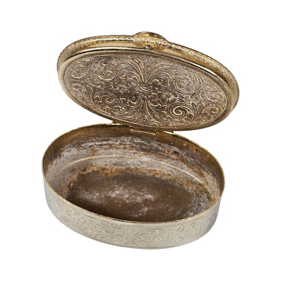 Vintage Oval Mauve Floral Design Porcelain Silver Tone Hinged Pill Trinket Box - Picture 5 of 8